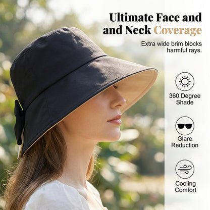 👒 Summer Hot Sale 50% OFF ! 💐 Women's Bowknot Wide Brim Sun Protective Hat – Oversized wide brim blocks UV rays, delicate bow decor, lightweight breathable fabric, ideal for beach, travel & outdoor walking✨